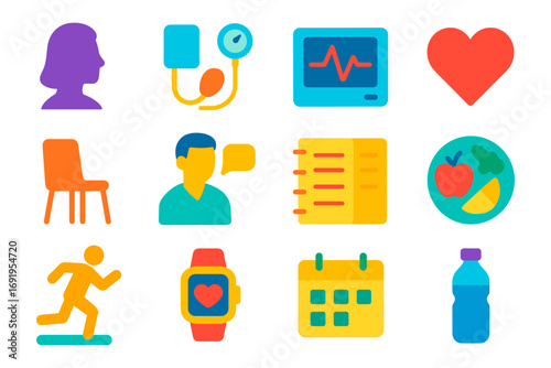 Colorful health and fitness icons for modern lifestyle and wellness apps