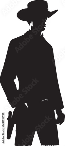 The image is a black silhouette of a cowboy, wearing a wide-brimmed hat and a long coat, with a gun holstered at his hip, suggesting a strong and mysterious figure from the Wild West.