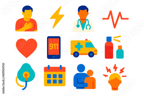 Colorful medical and emergency icons for health and safety themes