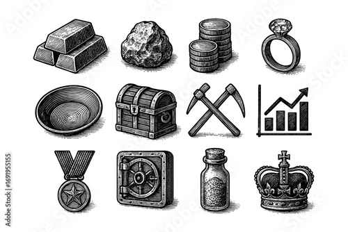 Vintage engraving of wealth symbols: gold bars, coins, cryptocurrency, and royal crown
