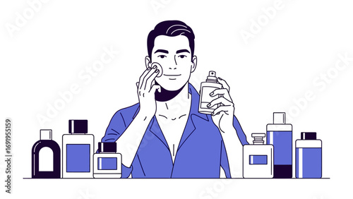 Modern man applying skincare products with a selection of bottles and containers on a shelf in a clean minimalist illustration style