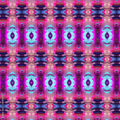 Vibrant abstract pattern with neon pink, purple, and blue symmetry. This digital art background radiates modern, futuristic, and kaleidoscopic style.