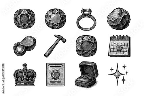 Antique jewelry and gemstone collection in vintage engraving style