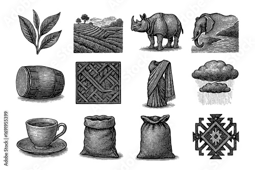 Vintage engraving of indian tea culture and wildlife with traditional motifs