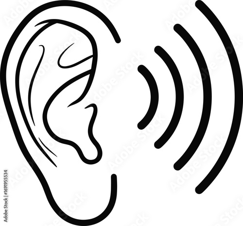 Human ear, sound waves, hearing, listening, audio perception, communication, sound technology, hearing health, auditory system, vector art, minimal design, black and white illustration