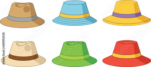 Flat Vector Set of Colorful Fedora and Sun Hats – Fashion Accessories for Summer, Travel, Beachwear, Illustration, and Casual Wear