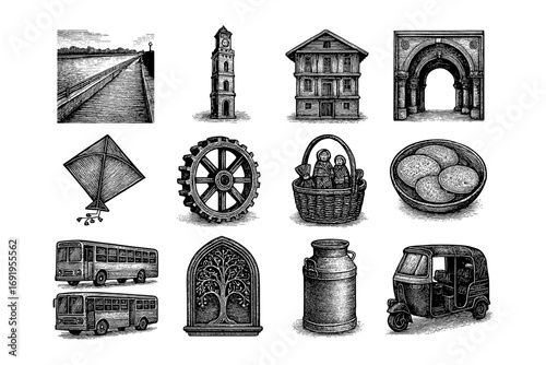 Vintage engraving style collection of various objects and landmarks