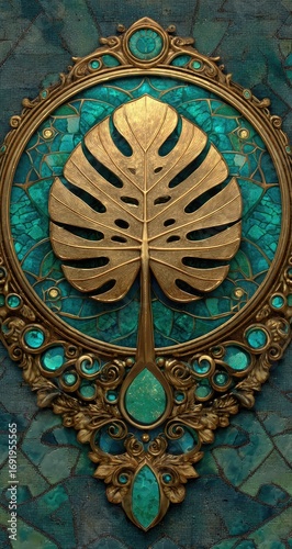 Ornate gold leaf design framed by teal gems