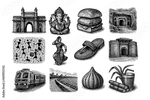 Hand-drawn icons of mumbai: culture, architecture, and cuisine