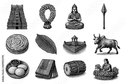 Traditional indian cultural icons in vintage engraving style