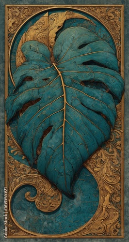 Teal leaf framed by ornate gold design