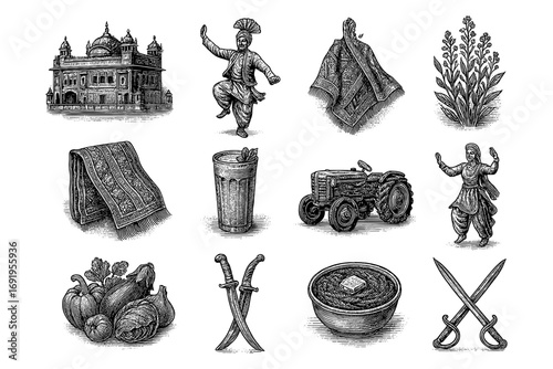Traditional indian heritage: cultural icons in detailed hand-drawn style