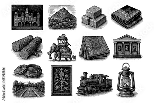 Vintage engraving collection featuring antique indian artifacts and traditional scenes