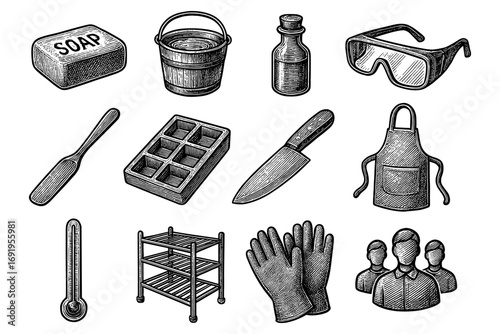 Retro kitchen and cleaning supplies in vintage engraved style