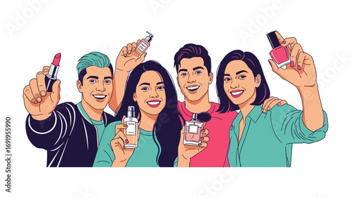 Diverse group of young friends joyfully holding up various makeup and skincare products celebrating beauty and personal care in a vibrant illustration