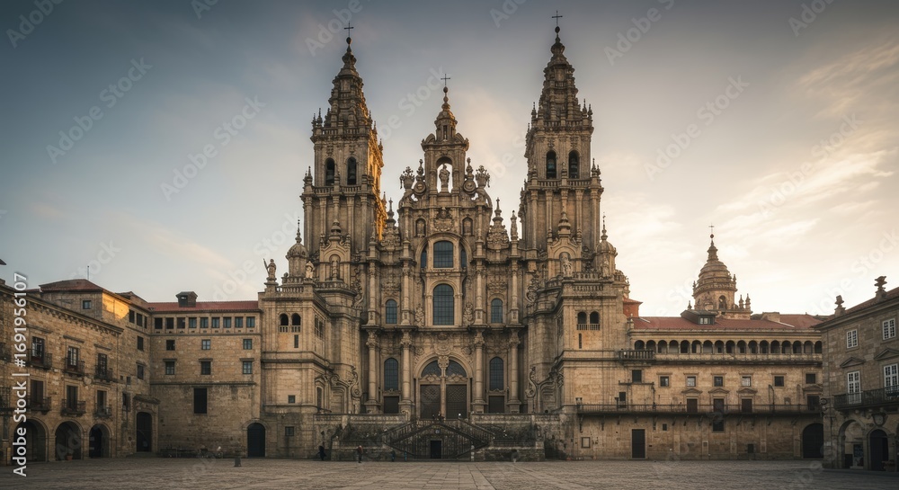 Fototapeta premium Magnificent Facade of the Santiago de Compostela Cathedral at Dusk Reveals Architectural Grandeur