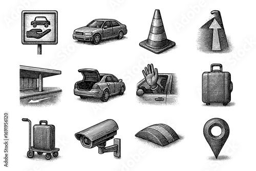 Intricate car travel elements in detailed engraving style with various transportation icons