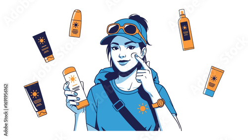 Young woman with sunglasses and cap applying sunscreen to her face surrounded by various sunscreen tubes in a playful comic book art style