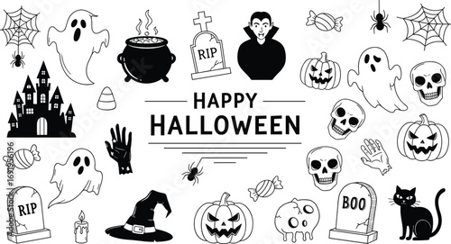Happy Halloween vector illustration, spooky ghosts, haunted castle, pumpkin, vampire, skulls, spider webs, candy, black cat, cauldron, tombstones, horror clipart set