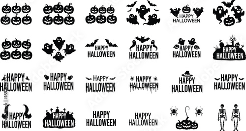 Halloween icons, jack o’lantern, ghost, bat, haunted house, spider, skeleton, witch hat, Happy Halloween text, spooky design, seasonal vector, horror art, festive decoration, black silhouette