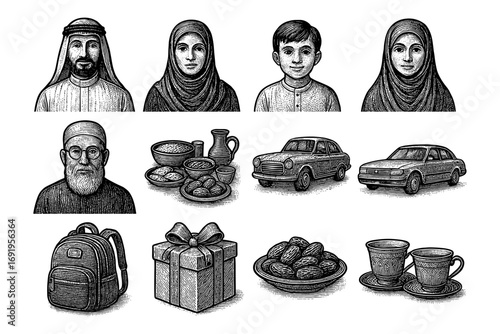 Exquisite line art illustrations of middle eastern culture with traditional portraits and objects