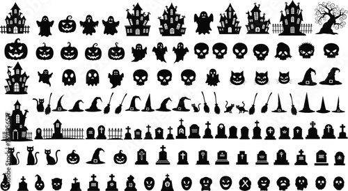 Halloween silhouettes, haunted house, ghost, pumpkin, witch, skull, bat, spider, tombstone, black cat, cauldron, graveyard, spooky tree, fence