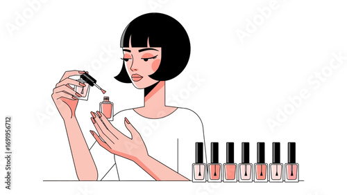 Young woman with a bob haircut applying nail polish with a dropper to her fingernails surrounded by bottles of colorful nail lacquer