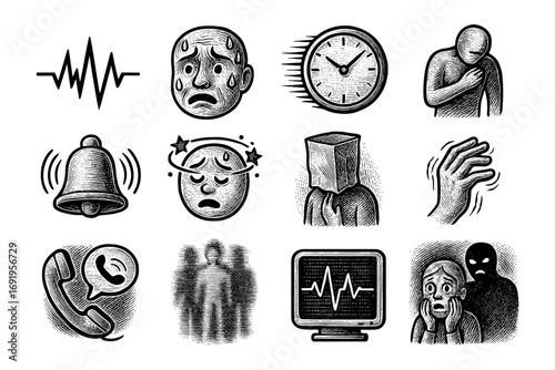 Emotional stress and anxiety icons in hand-drawn woodcut style