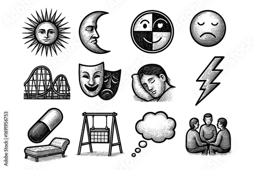Emotional symbols in retro engraving style with sun, moon, masks, and more