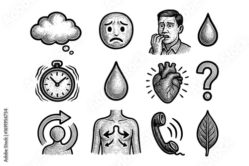 Vintage style anxiety and stress icons set featuring emotional and physical symbols