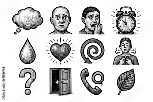 Vintage etching icons of emotions and everyday objects
