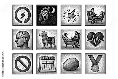 Retro engraving style icons set featuring electric, emotional, and health themes