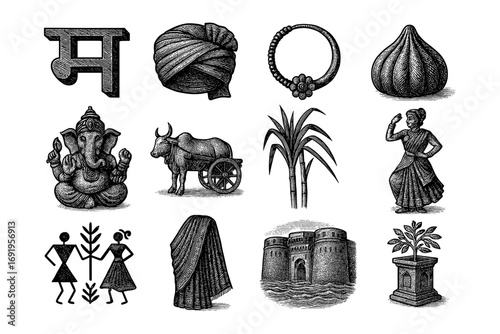 Traditional indian symbols in intricate engraved style