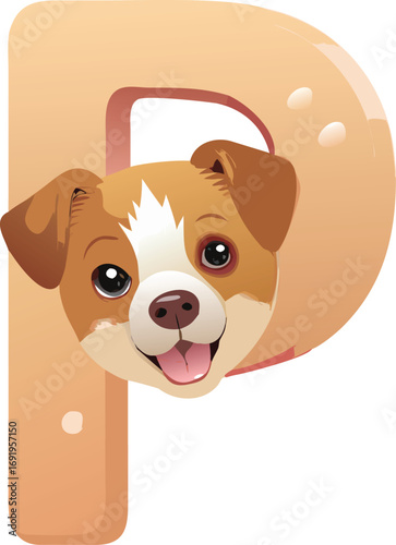 Cartoon illustration of a happy dog's face peeking out of a large orange letter P EPS vector file download 