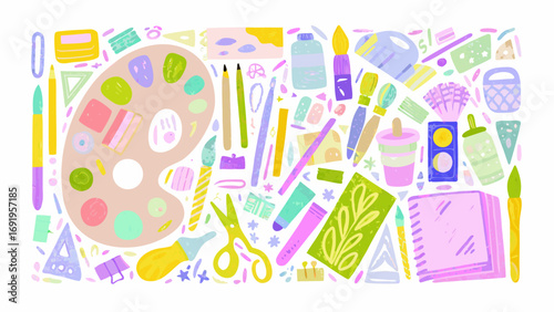 Illustration of various art supplies including paint brushes pencils palette scissors and other tools spread out