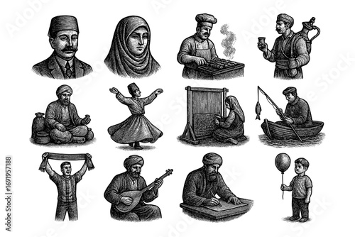 Vintage cultural scenes depicting traditional activities and clothing