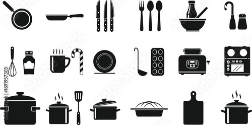 Silhouette vector illustration of kitchen utensils and cookware, black and white cooking tools and appliances for culinary, restaurant, and food preparation design projects