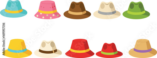 Set of Colorful Fedora and Sun Hats in Flat Style – Fashion Accessories for Summer, Travel, Casual Outfits, and Vector Art