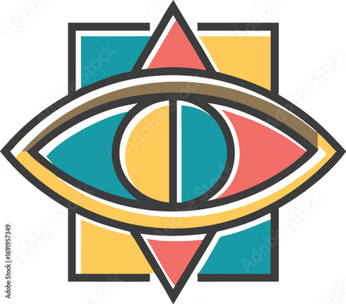 Geometric eye symbol with teal, yellow, and coral triangular shapes and a brown iris EPS vector file download 