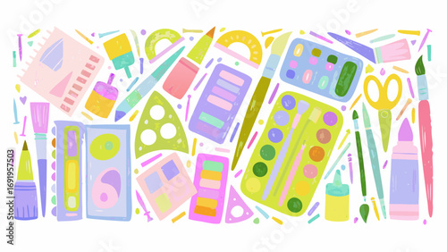 Illustration of various art supplies including paintbrushes palettes rulers and other drawing tools spread out
