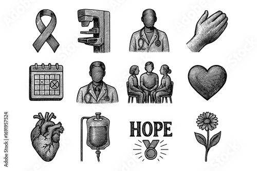 Medical awareness and support symbols in engraved vintage style