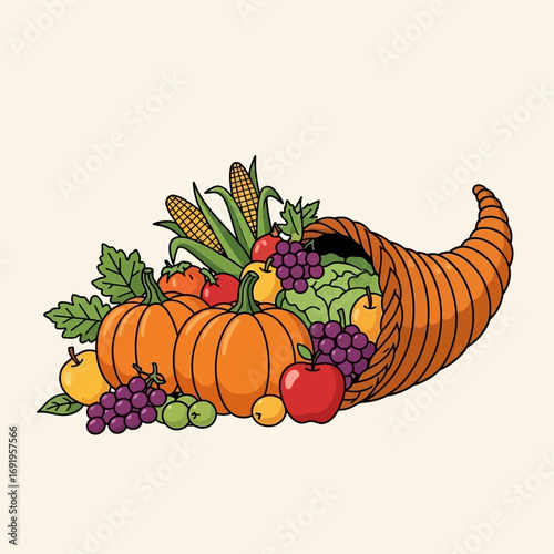 A bountiful cornucopia overflowing with a vibrant assortment of fresh autumn produce, including pumpkins, grapes, apples, corn, and leafy vegetables, symboli...
