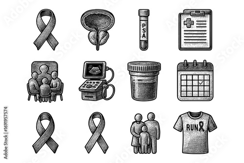 Prostate health vintage engraving style icons with awareness ribbon and medical elements