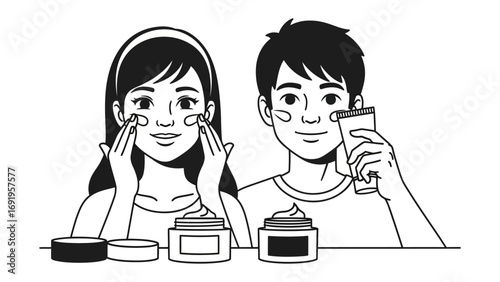 Young man and woman applying facial cream and skincare products together in a clean simple line art illustration for beauty and wellness