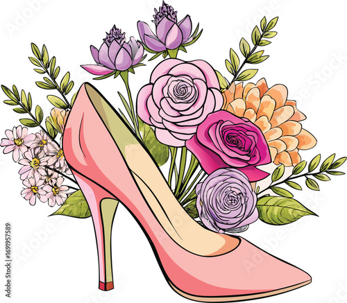 Pink high heel shoe with a vibrant bouquet of roses and wildflowers  fashion footwear EPS vector file download