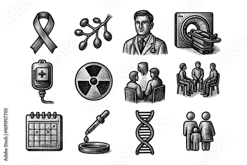 Hand drawn medical icons featuring cancer awareness and treatment symbols