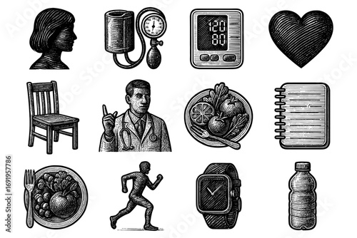 Classic health and wellness icons in vintage woodcut style