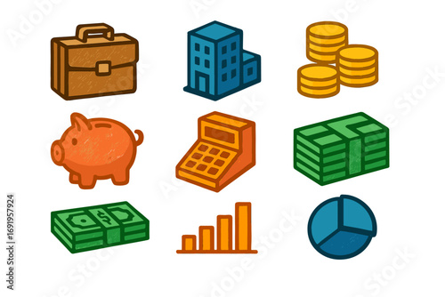 Colorful icons of finance and business elements in hand drawn style