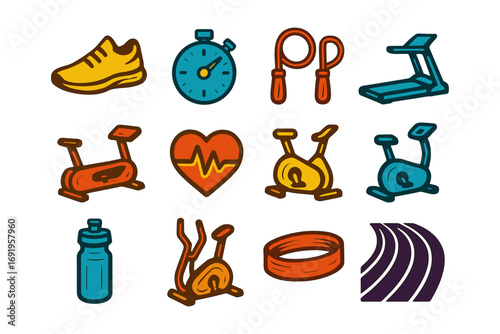 Colorful fitness icon set: shoes, stopwatch, jump rope, treadmill, exercise bike, heartbeat