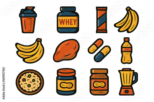 Colorful fitness nutrition icons: protein, supplements, and healthy foods